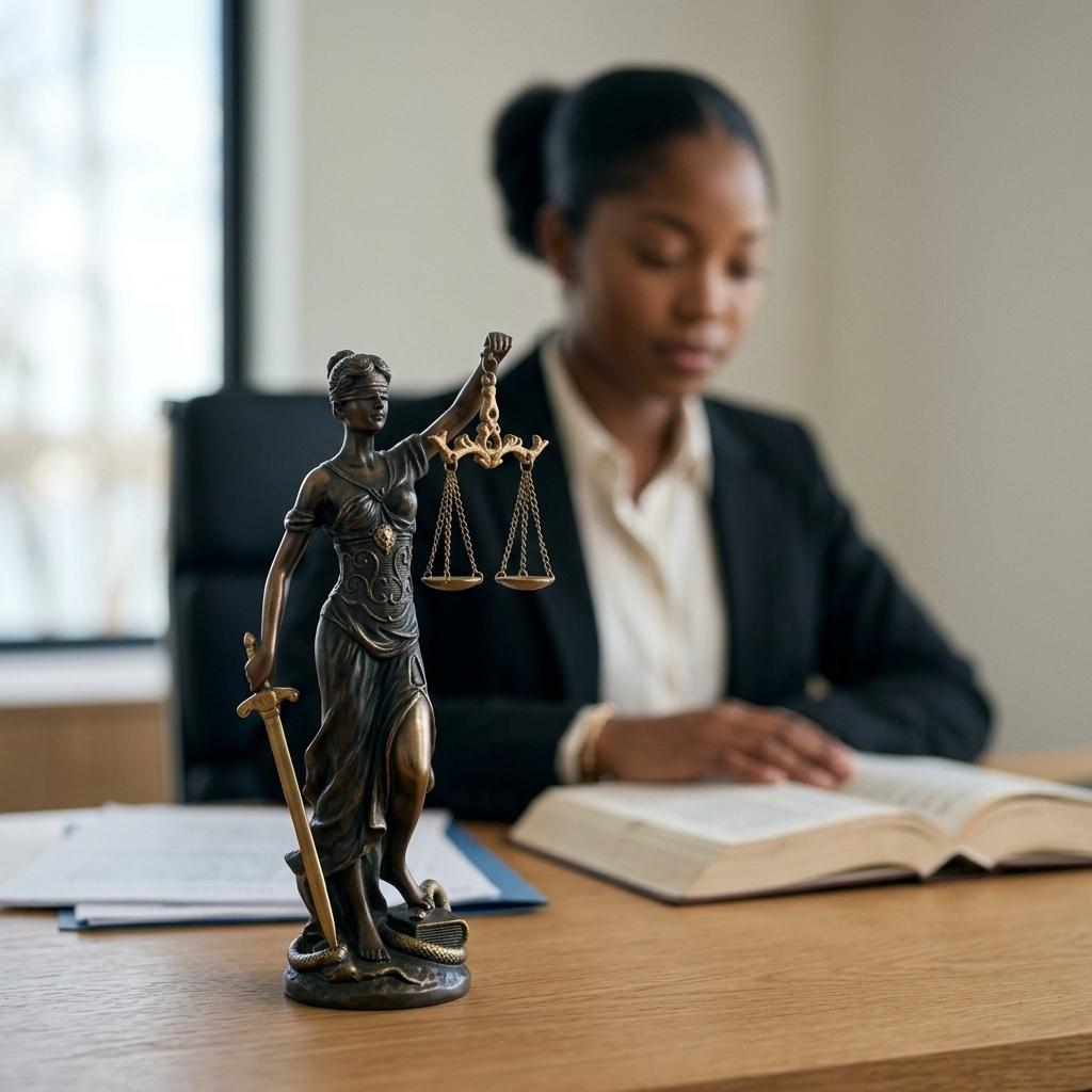 Statuette de la balance de la justice sur un bureau